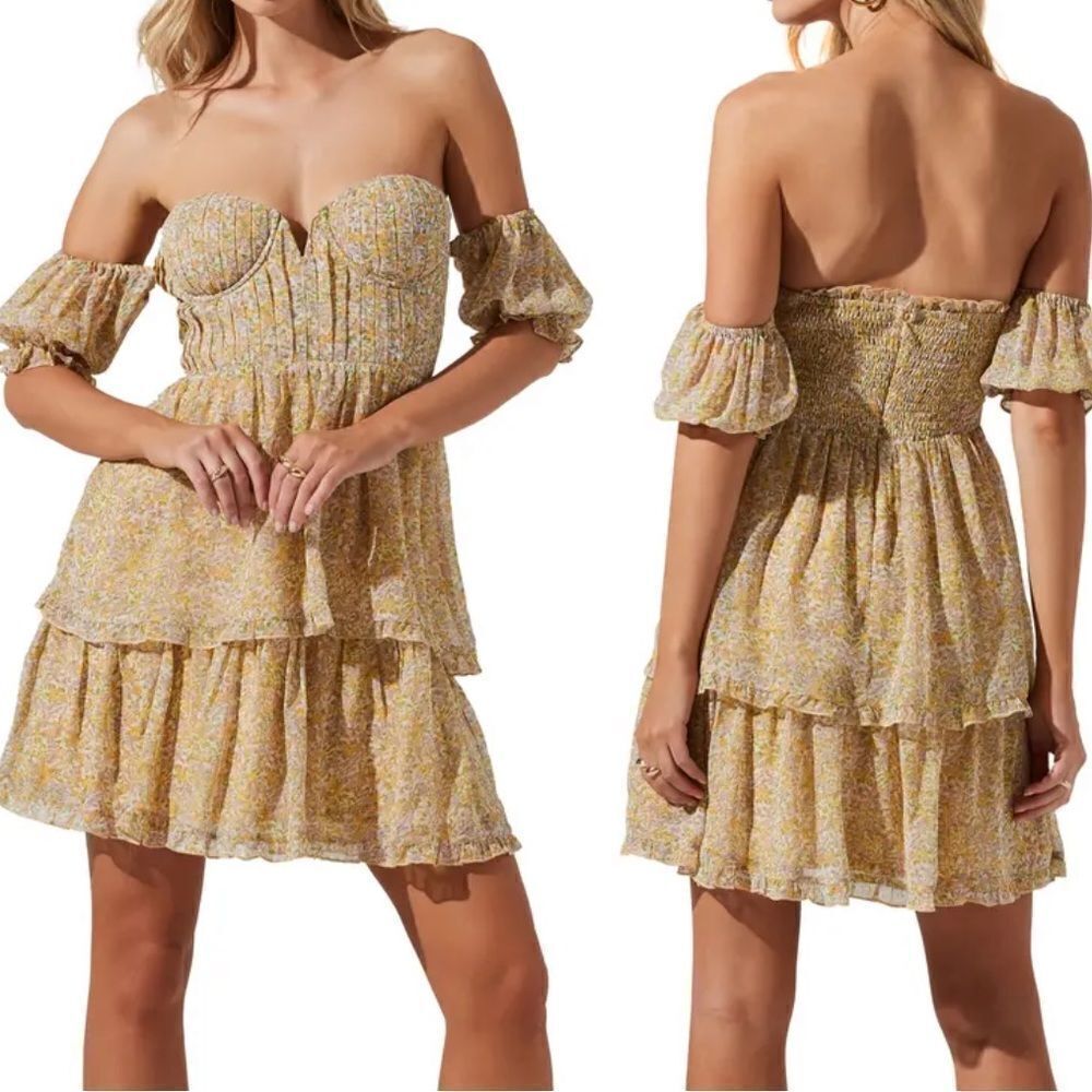 NWT ASTR the Label Yellow Floral Tiered Off the Shoulder Cotton Mini Dress